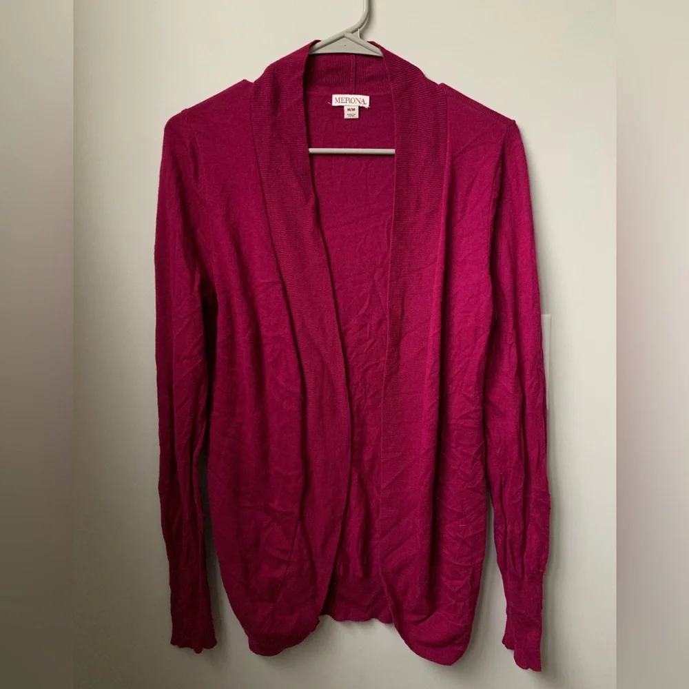 MERONA Women’s Burgundy Pink Red Open Front Long Sleeve Nylon Rayon Cardigan